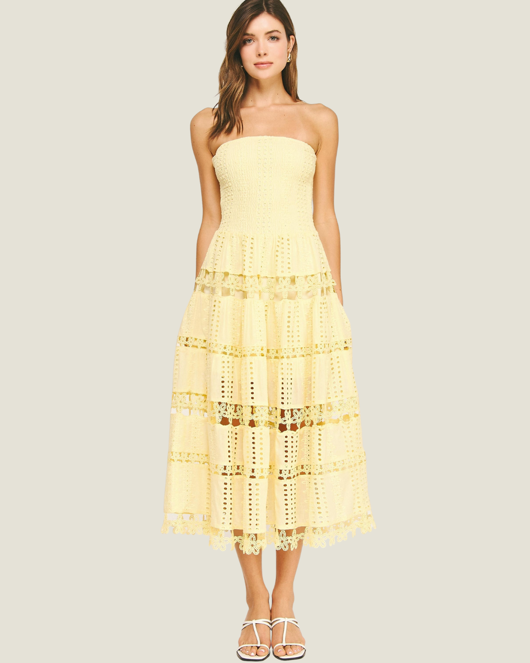 Maryann Pastel Yellow Eyelet Lace Tube Dress