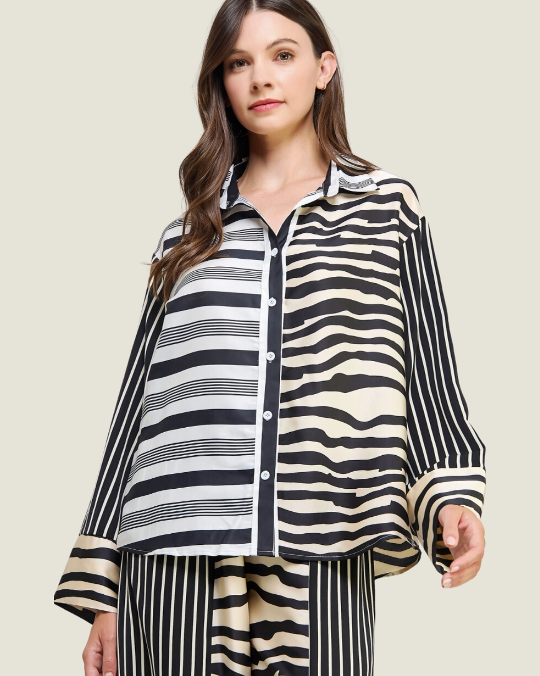 Naples Cougar: Stripe & Animal Print Block Satin Button Up Top