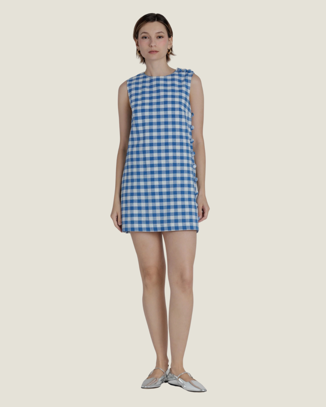 Blue gingham mini dress.