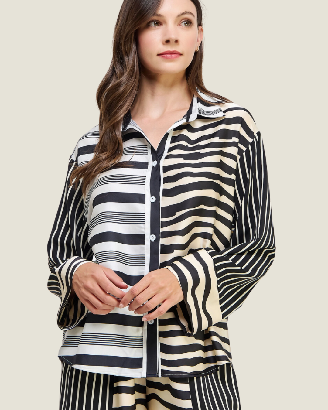 Naples Cougar: Stripe & Animal Print Block Satin Button Up Top