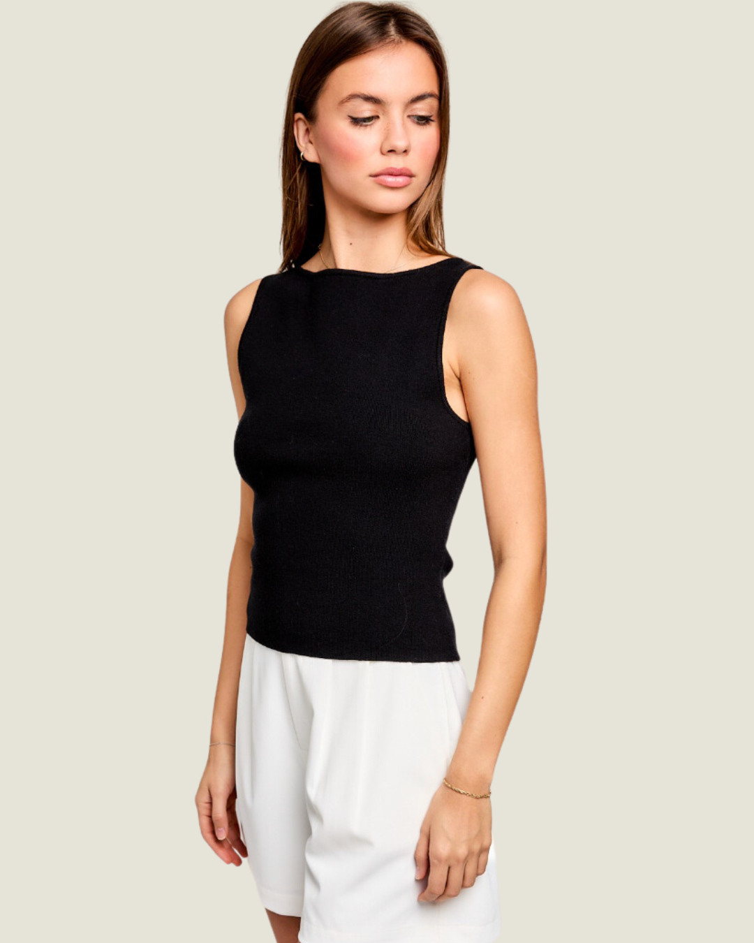The Landry: Black Boat Neck Sleeveless Top