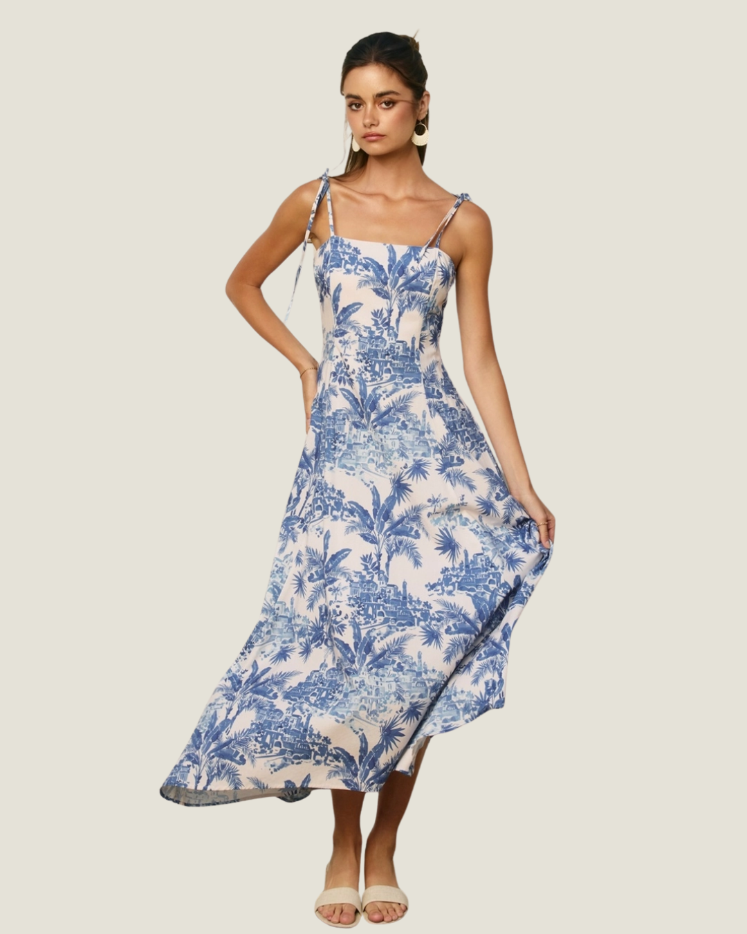 Blue and white coastal inspired toile print midi dress.