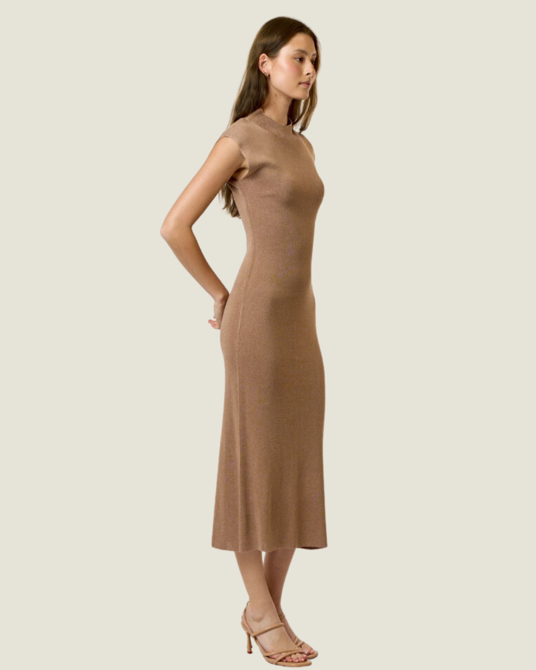 Camel Sleveless Mock Neck Midi Dress