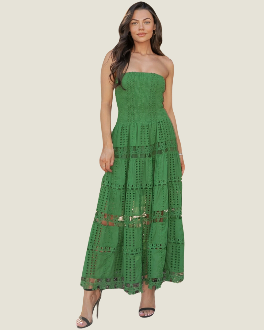 The MaryAnn: Green Eyelet Lace Strapless Midi Dress