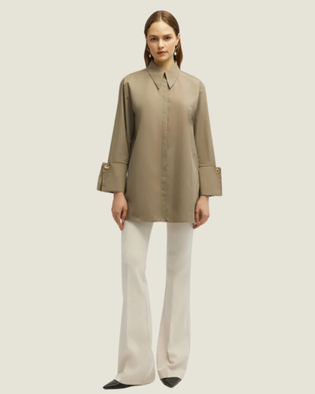 Button Down Olive Wide Cuff Top