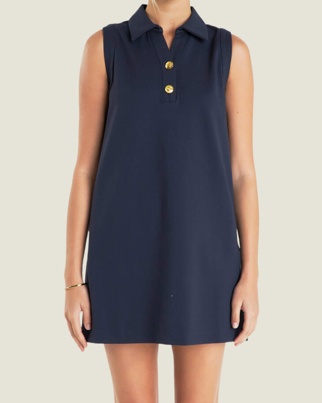 Navy Knit Buttoned Collared Mini Dress