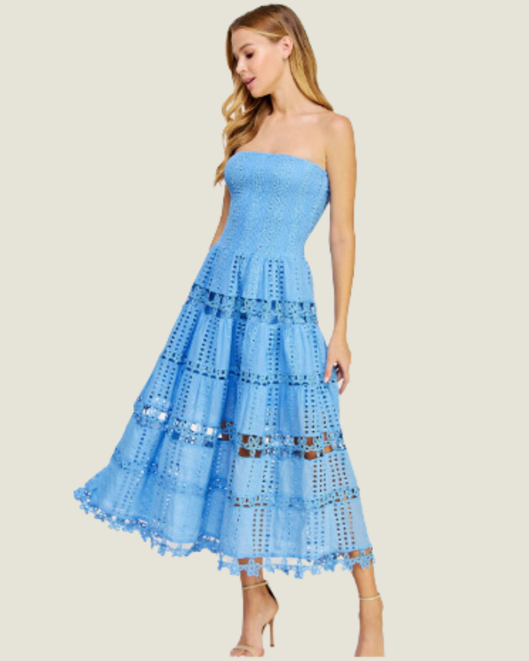 MaryAnn Light Blue Eyelet Lace Tube Midi Dress