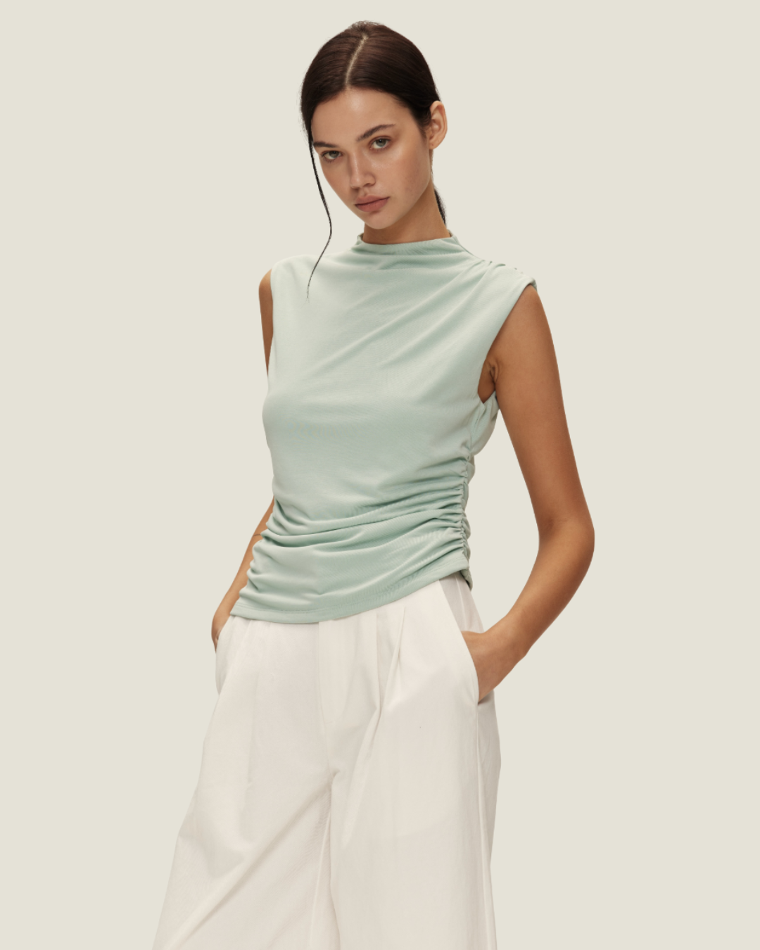 Blake Ruched Sleeveless Mock Neck Top