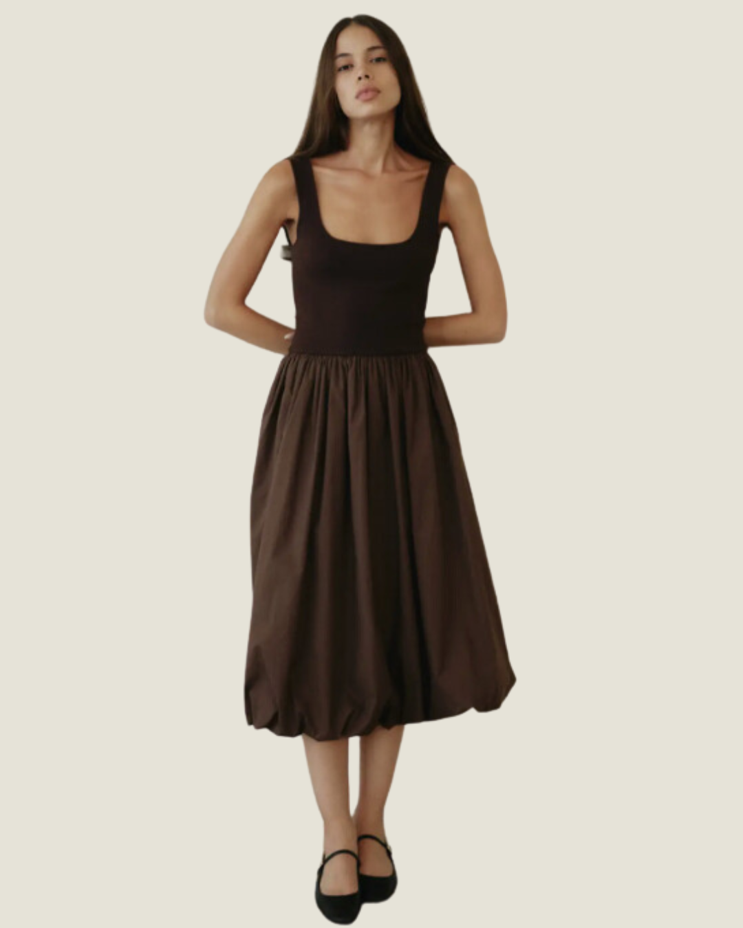 The Bella Dress | Midi Bubble Dress with Knit Top Brown / S The Bella Dress | Midi Bubble Dress with Knit Top Brown / S