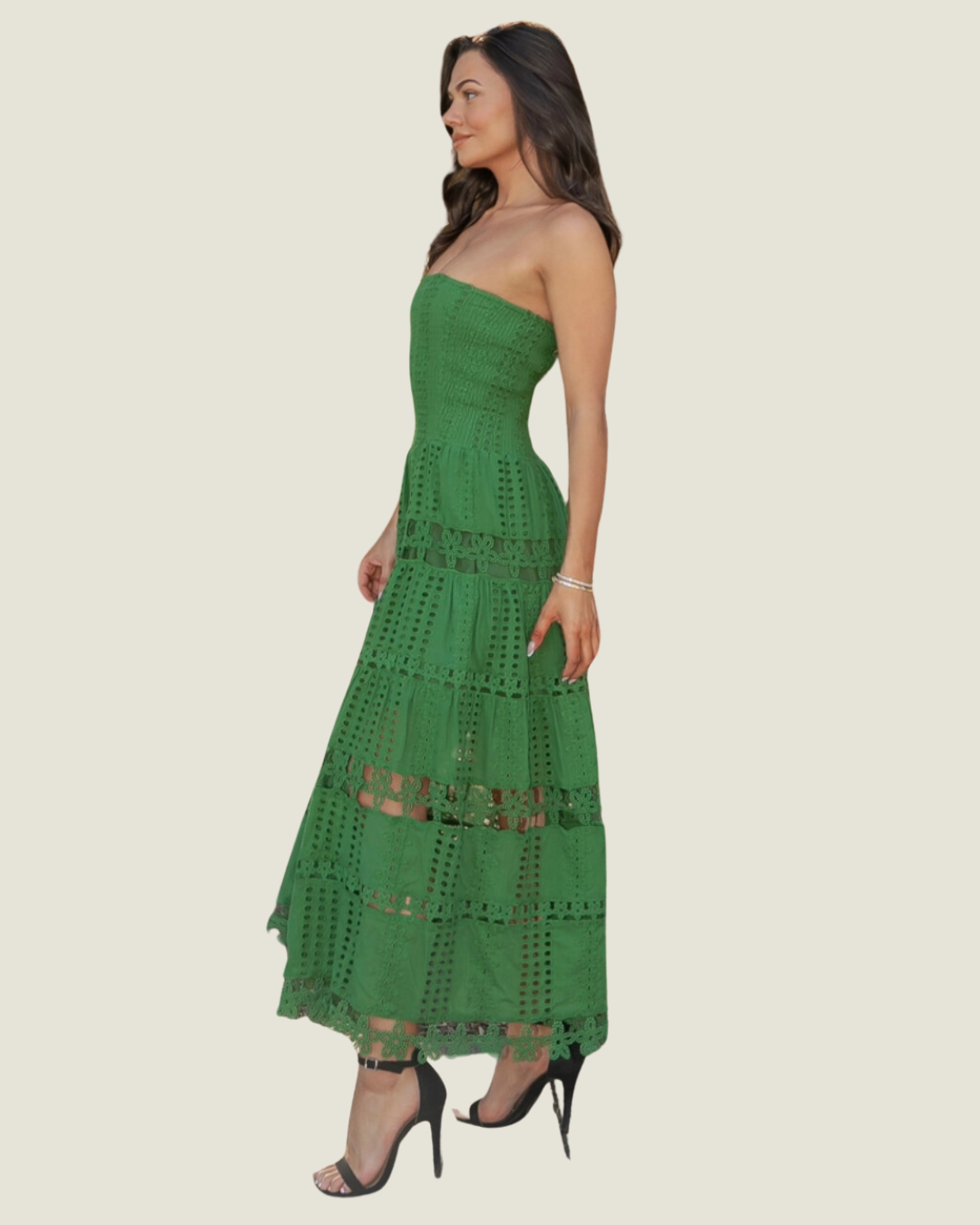 The MaryAnn: Green Eyelet Lace Strapless Midi Dress
