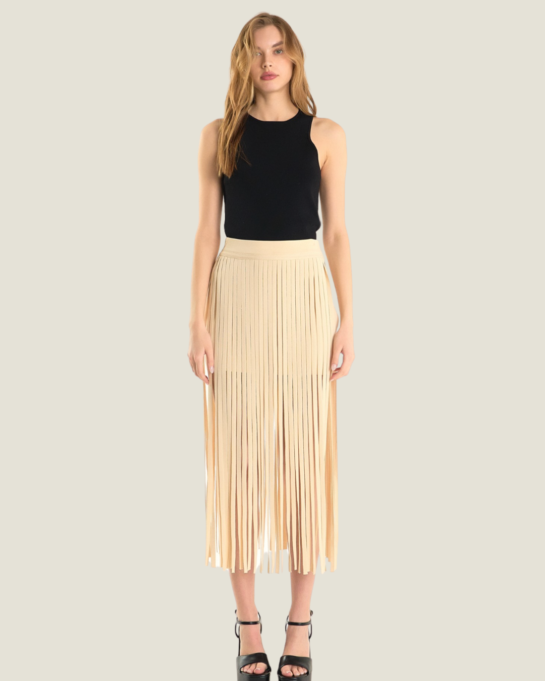 The Karolina: Fringe Beige Midi Skirt