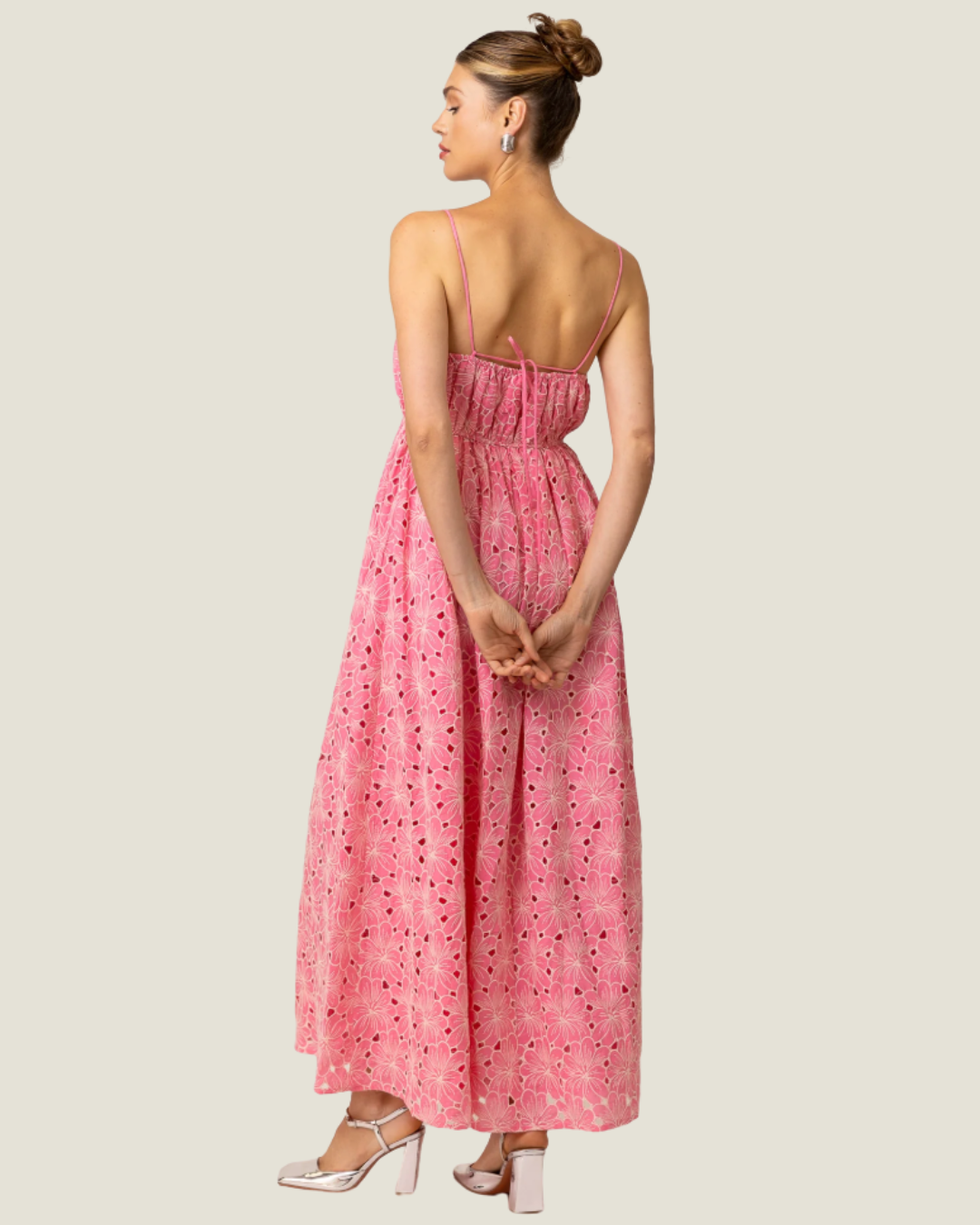 Tasia Floral Eyelet Maxi Dress- pink embroidered maxi dress from Love, Celine a women’s boutique in SWFL + online.