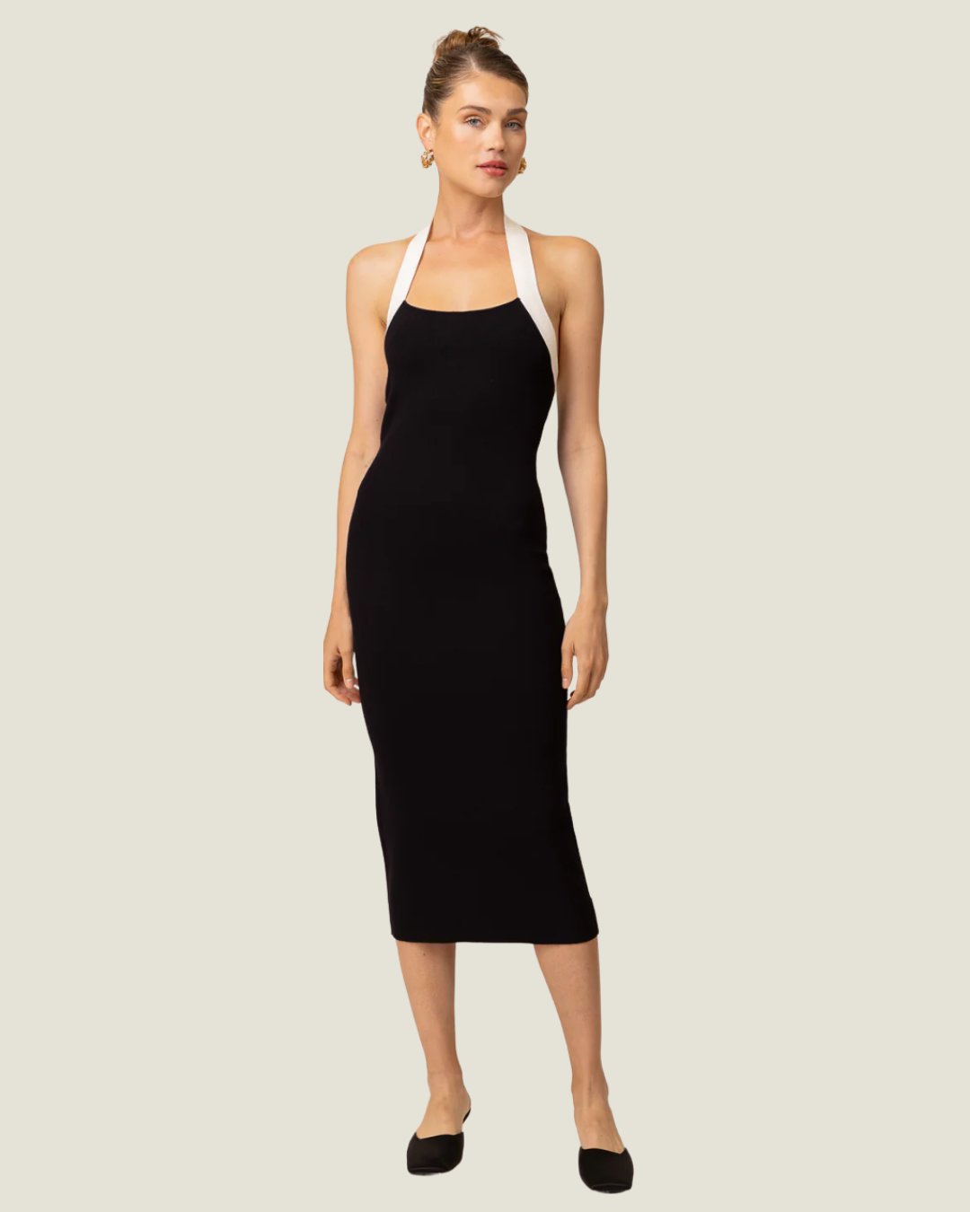 The Kohl: Halter Color Block Midi Dress-a black bodycon dress from Love Celine women’s boutique in SWFL.