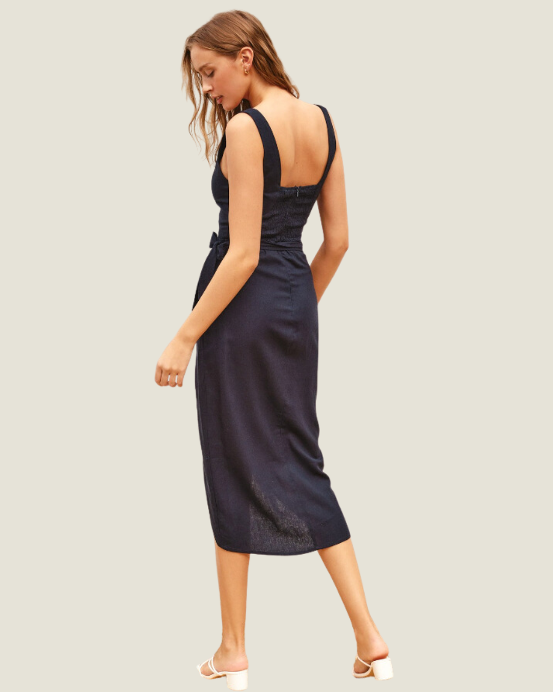 The Kat: Navy Linen Blend Wrap Midi Dress