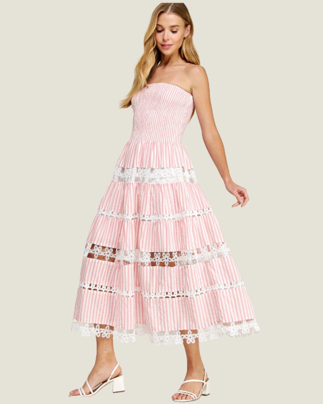 The Maryann: Strapless Stripe Eyelet Midi