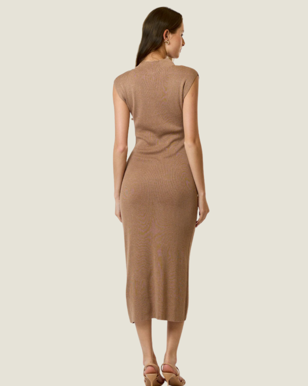 Camel Sleveless Mock Neck Midi Dress