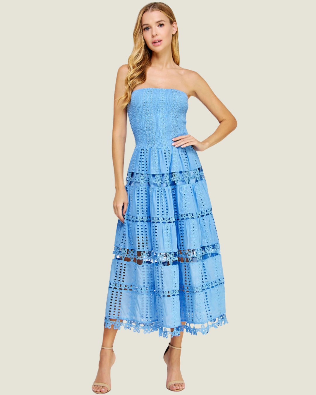 MaryAnn Light Blue Eyelet Lace Tube Midi Dress
