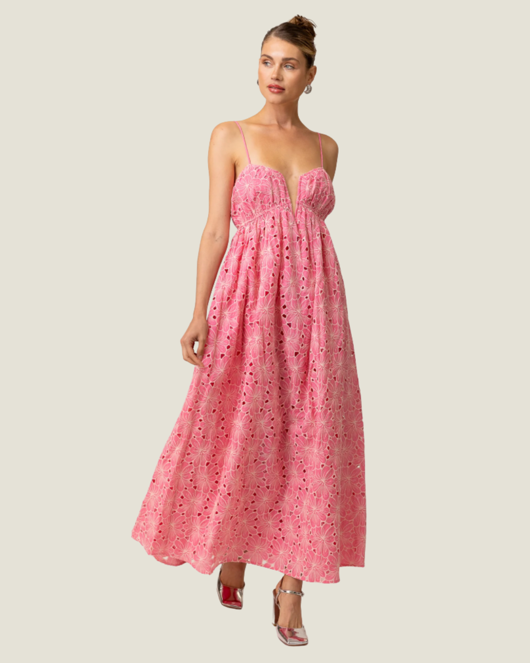 Tasia Floral Eyelet Maxi Dress- pink embroidered maxi dress from Love, Celine a women’s boutique in SWFL + online.