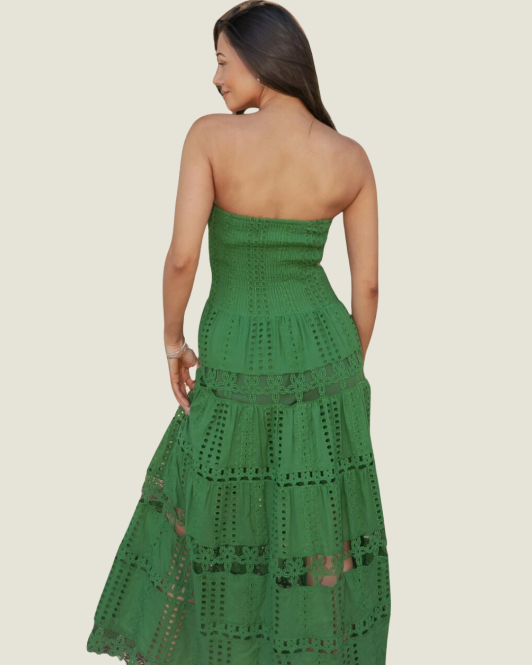 The MaryAnn: Green Eyelet Lace Strapless Midi Dress