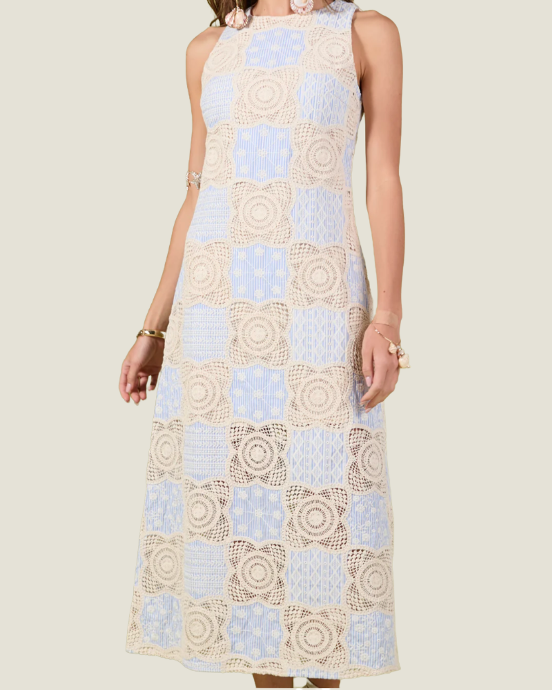 crochet overlay midi dress Champagne Floral Crochet Overlay Halter Midi Dress