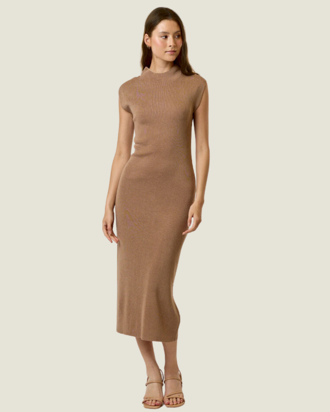 Camel Sleveless Mock Neck Midi Dress