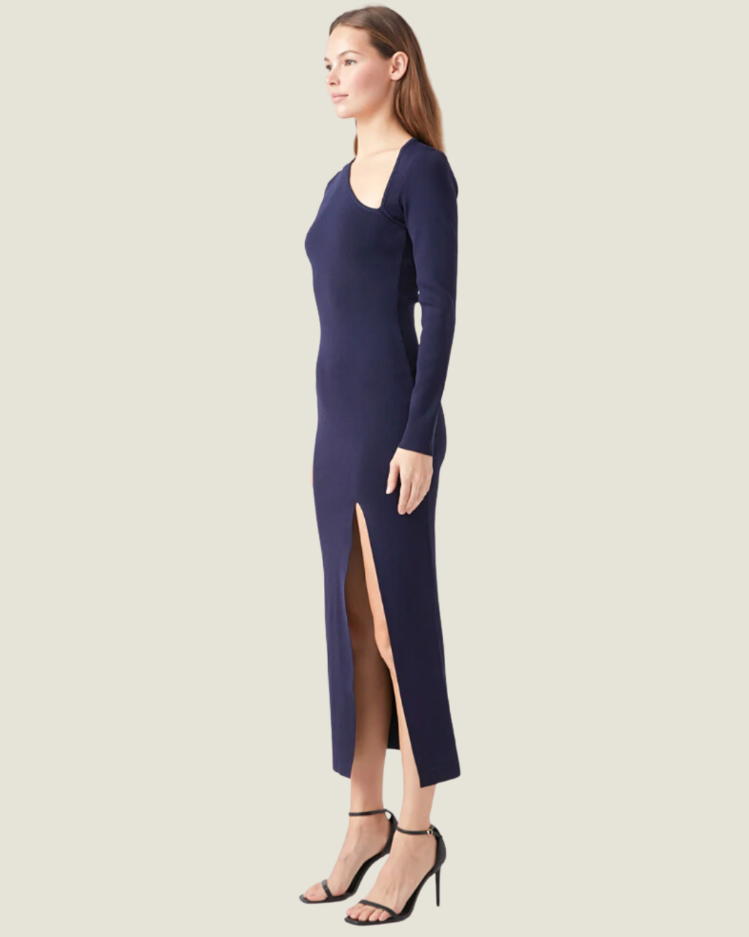 navy blue dress for baby girl Cosmos Black Asymmetric Long-Sleeve Split Maxi Dress – Club L London main image 1