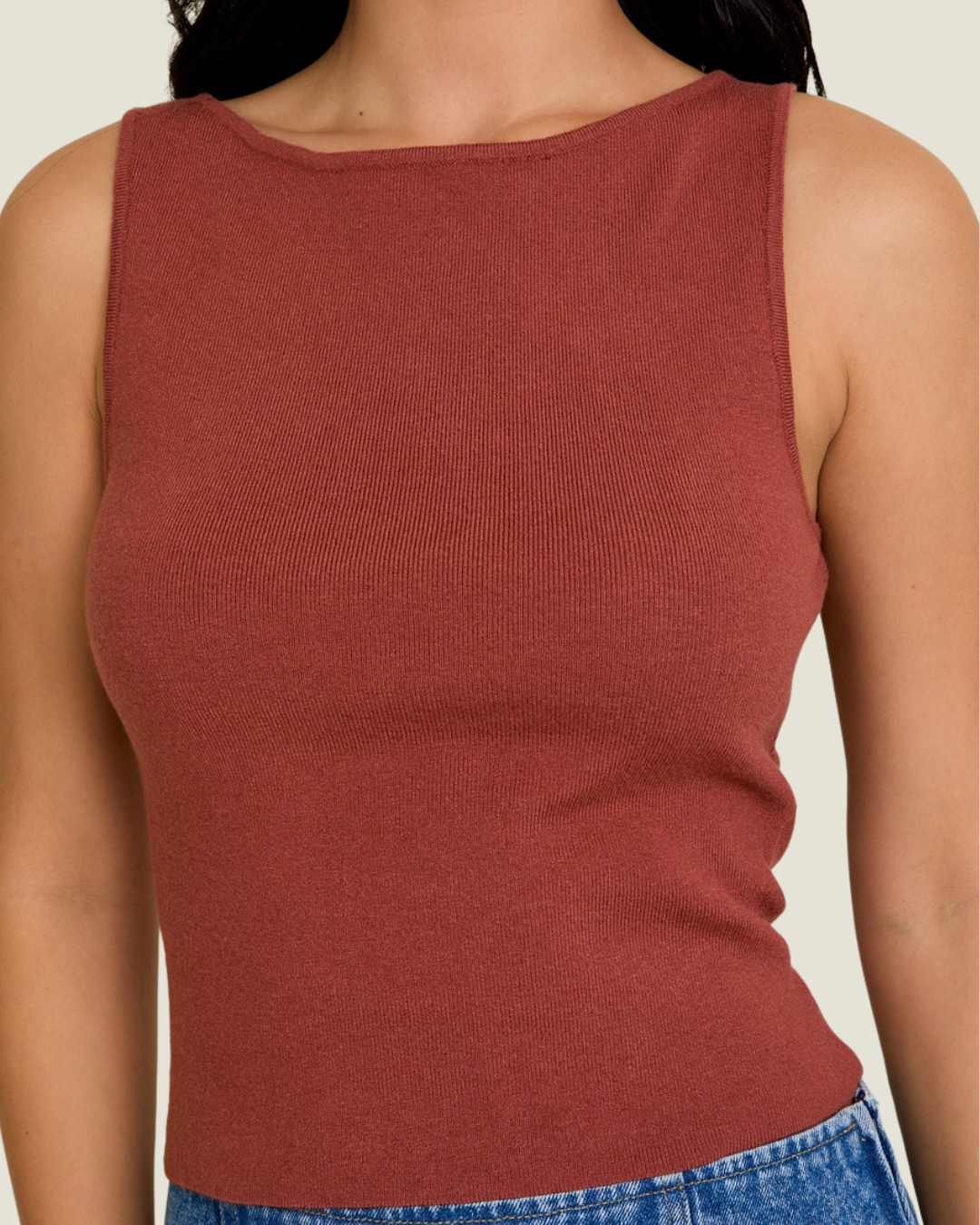 The Landry: Rust Boat Neck Sleeveless Top