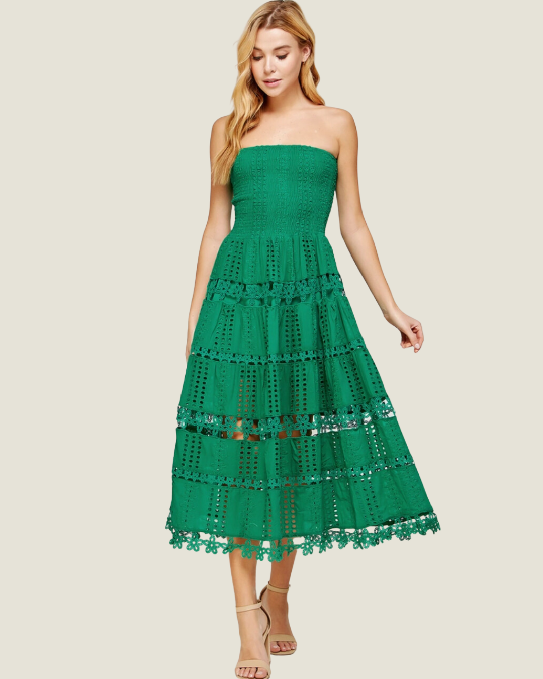 The MaryAnn: Green Eyelet Lace Strapless Midi Dress