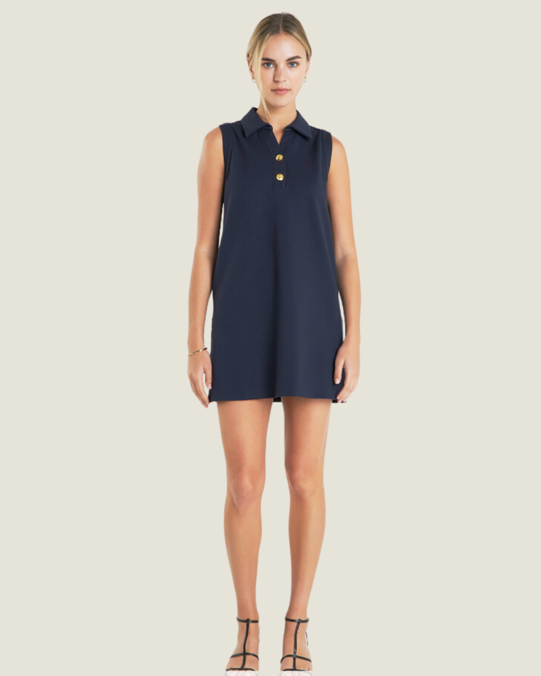 Navy Knit Buttoned Collared Mini Dress
