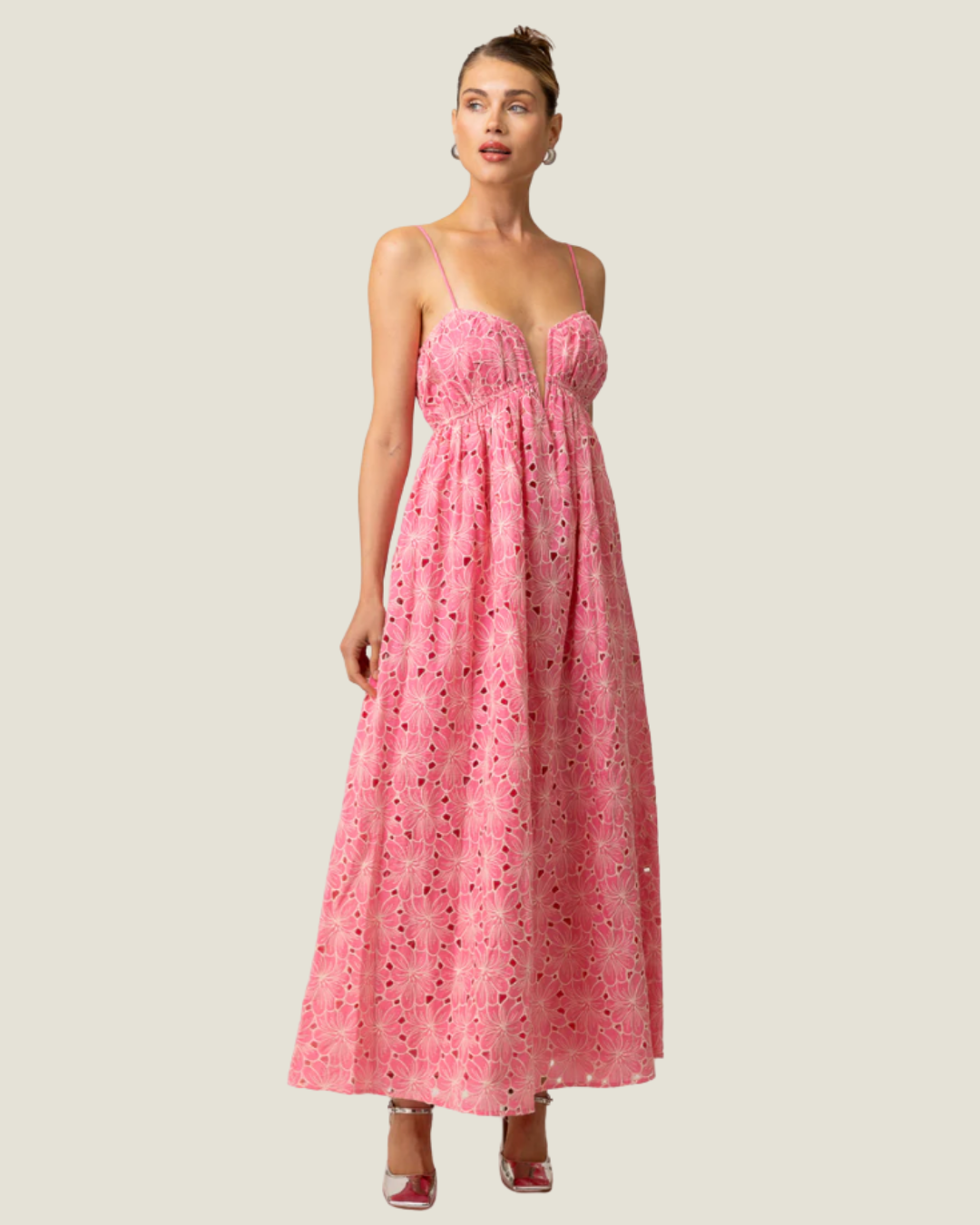 Tasia Floral Eyelet Maxi Dress- pink embroidered maxi dress from Love, Celine a women’s boutique in SWFL + online.