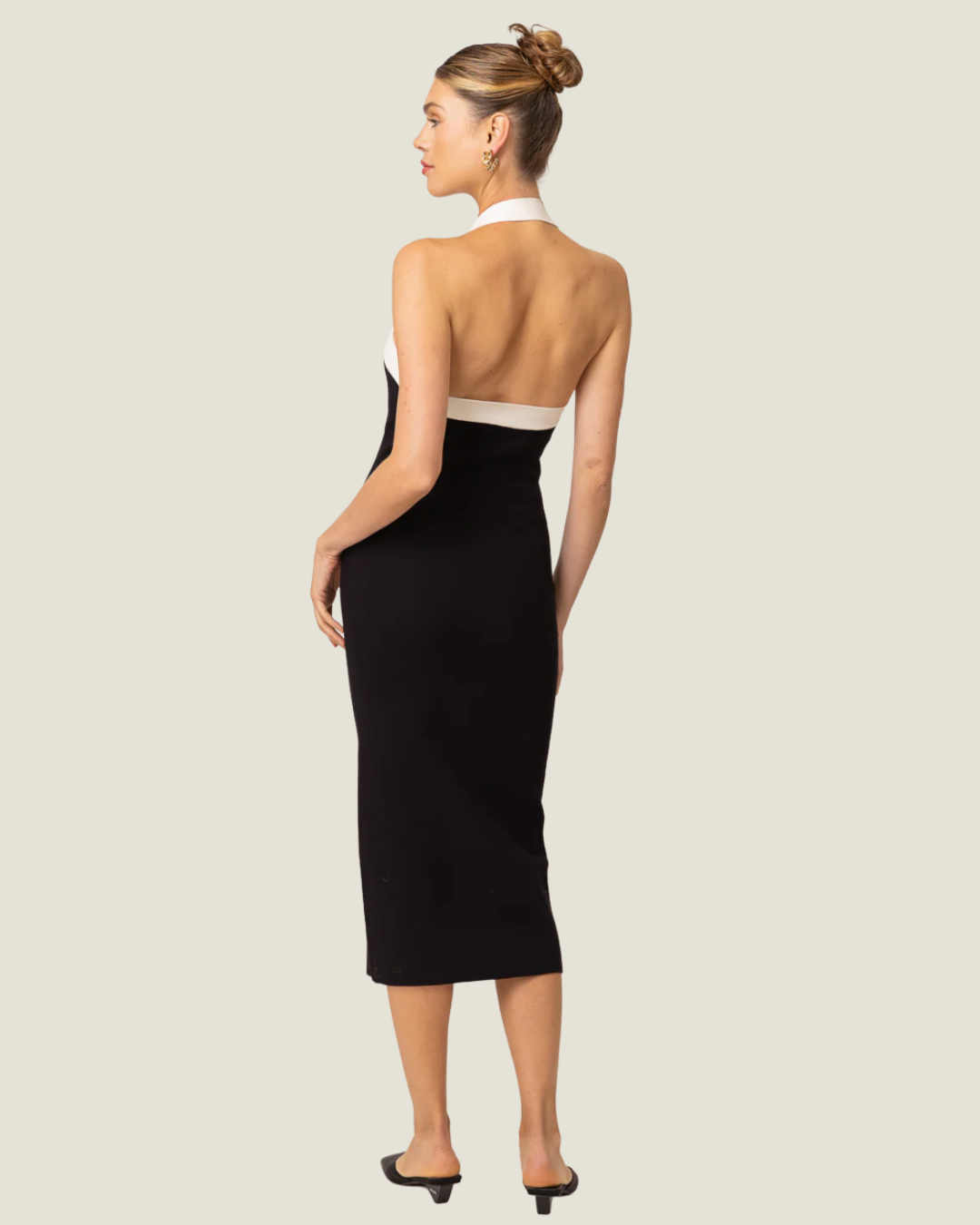 The Kohl: Halter Color Block Midi Dress-a black bodycon dress from Love Celine women’s boutique in SWFL.