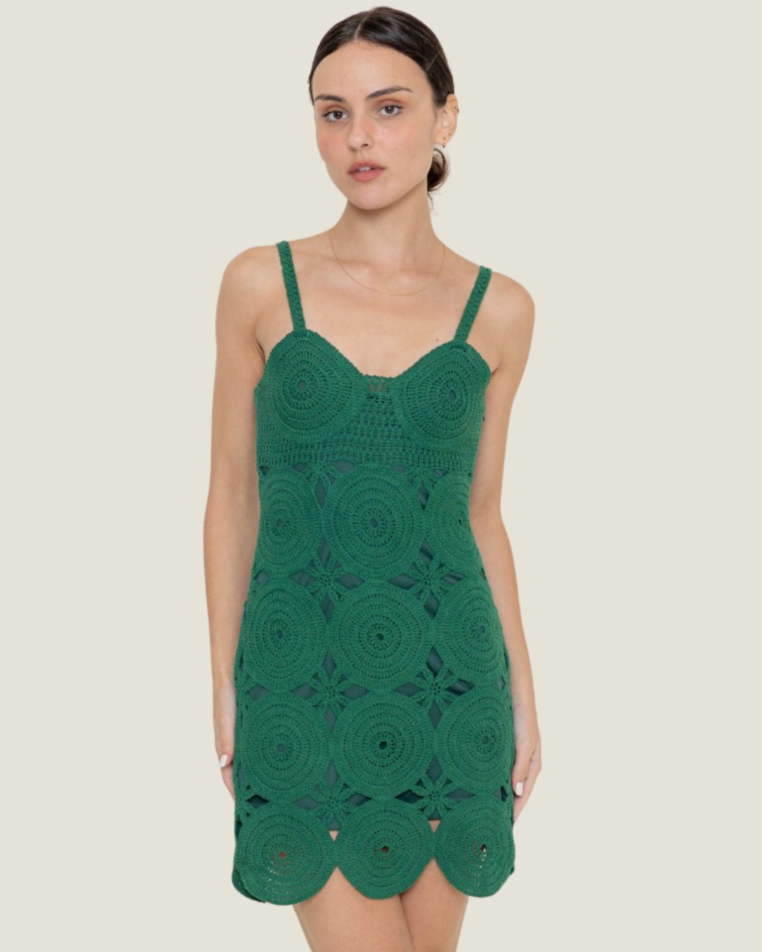 The Romi: Crochet Mini Dress- a green crochet mini dress from Love Celine women’s boutique in SWFL.