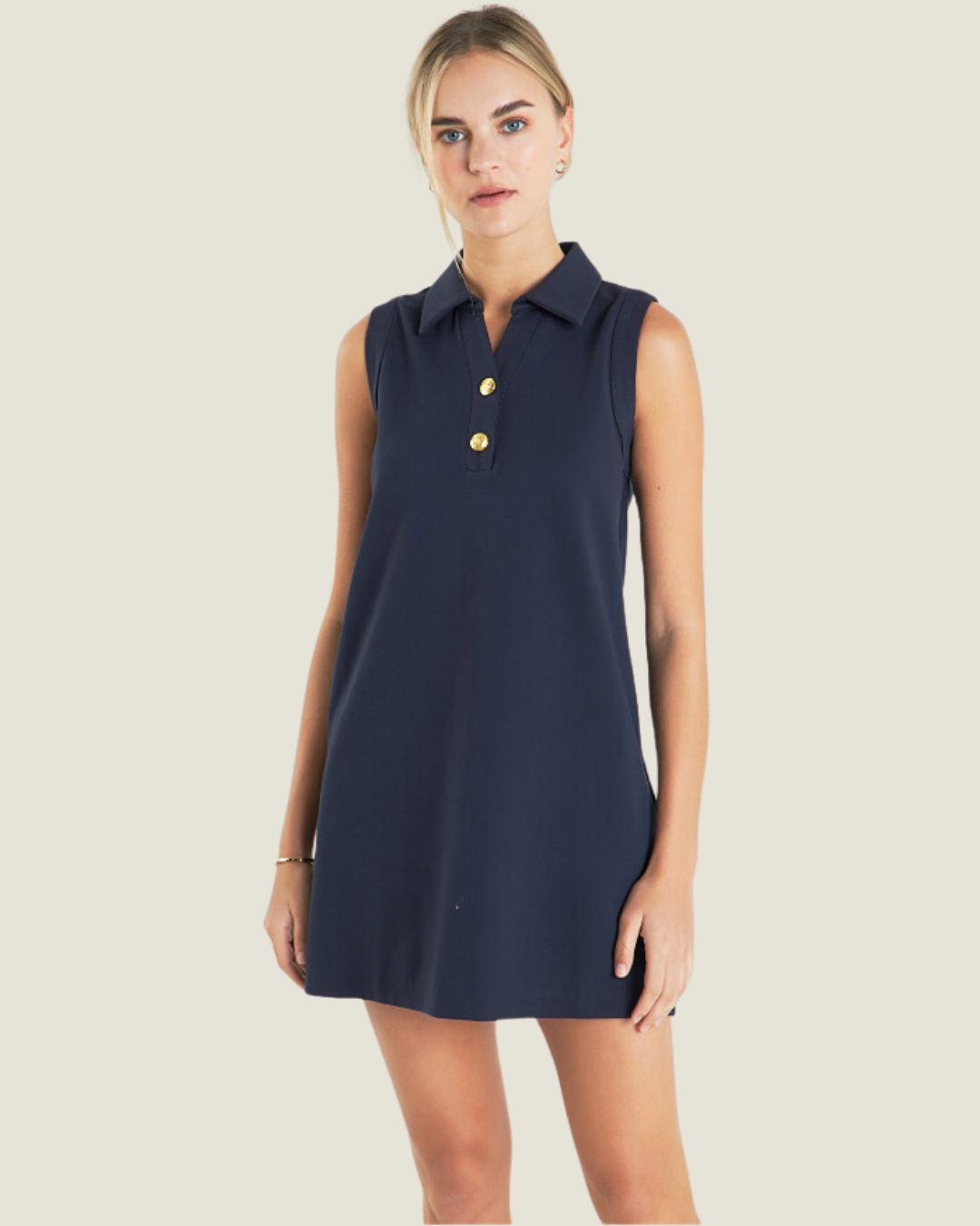 Navy Knit Buttoned Collared Mini Dress