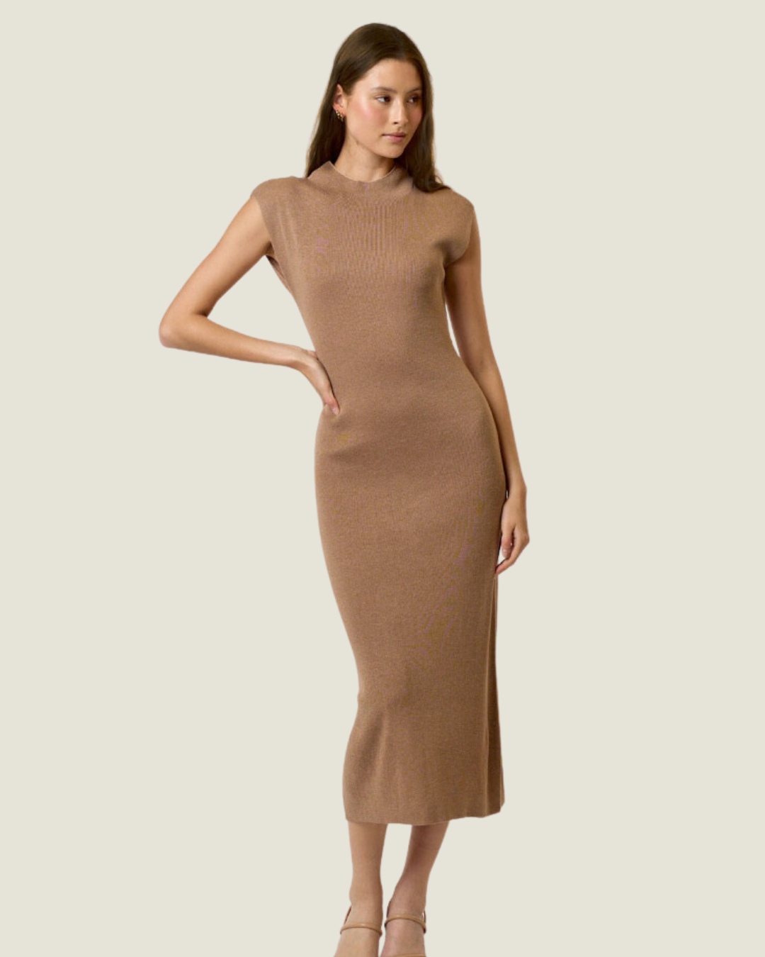 Camel Sleveless Mock Neck Midi Dress