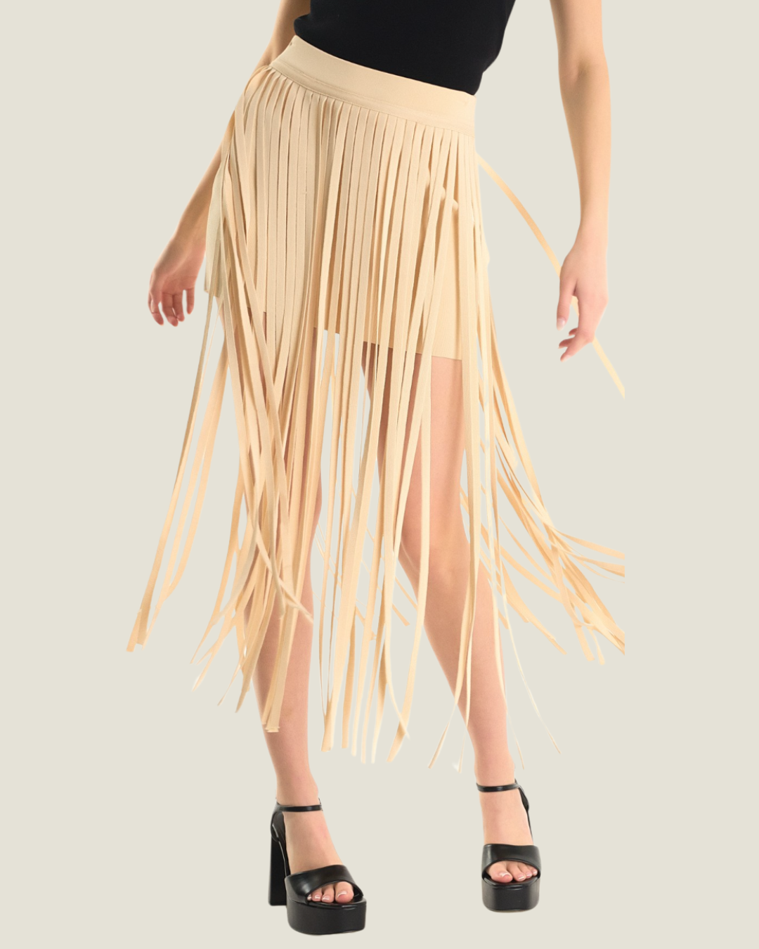 The Karolina: Fringe Beige Midi Skirt