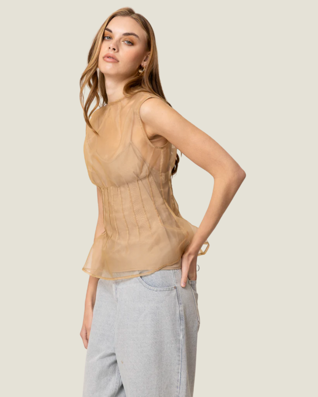 Elfreda Sheer Sleeveless Pleated Blouse is a modern capsule wardrobe piece with a round neck line & flattering length!