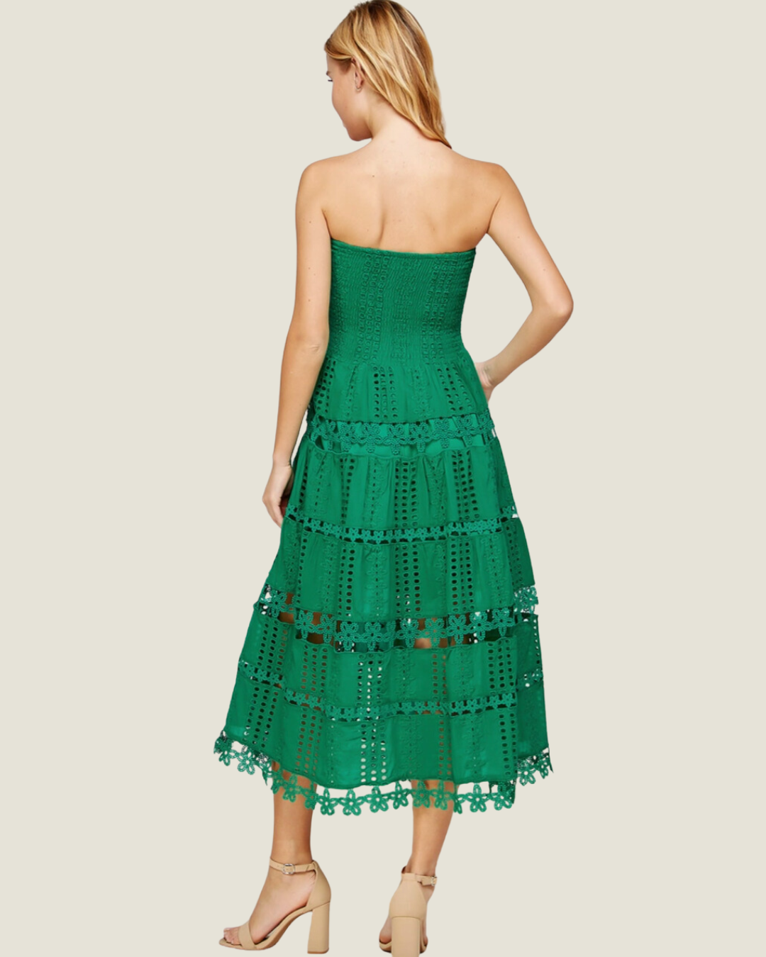 The MaryAnn: Green Eyelet Lace Strapless Midi Dress