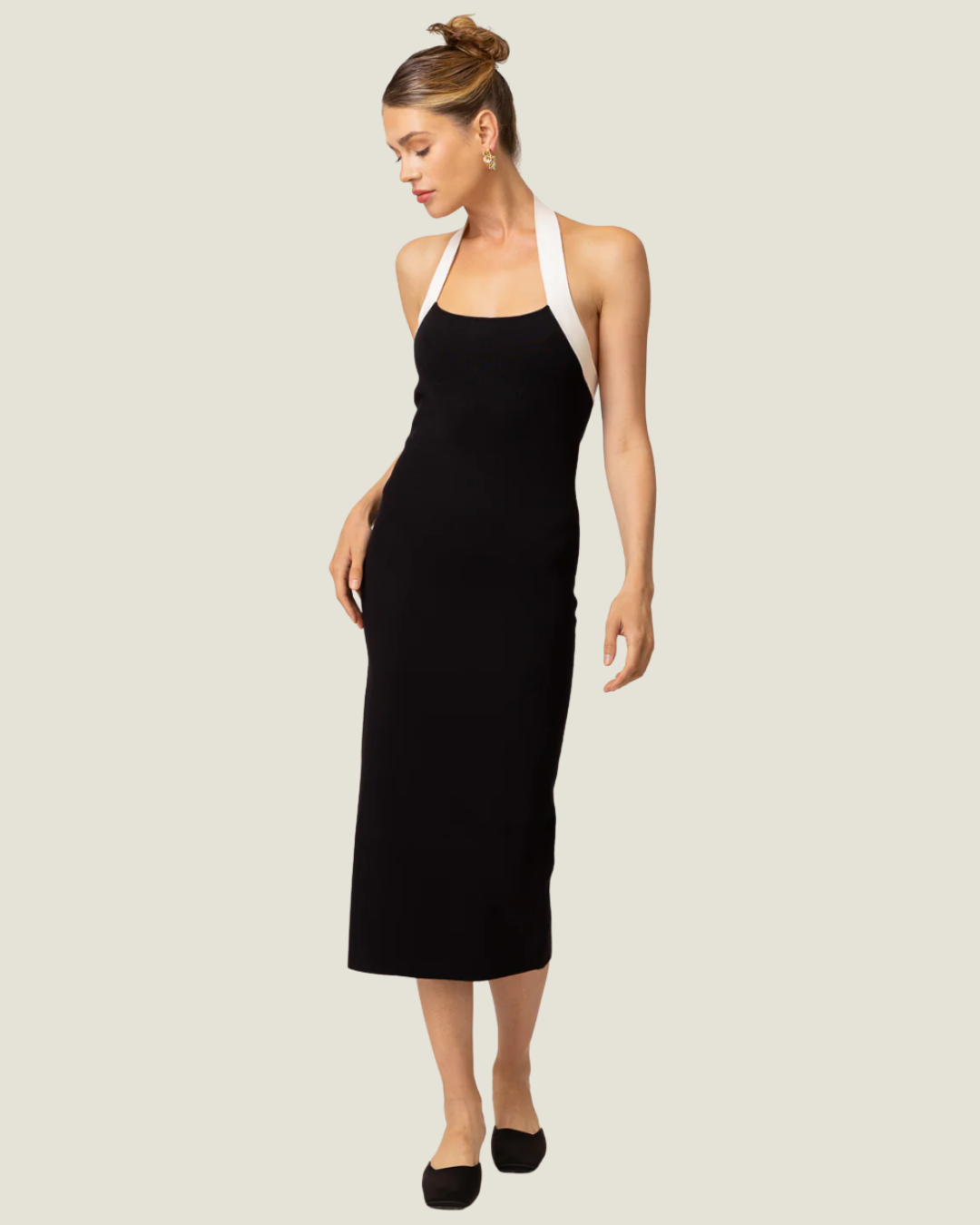 The Kohl: Halter Color Block Midi Dress-a black bodycon dress from Love Celine women’s boutique in SWFL.