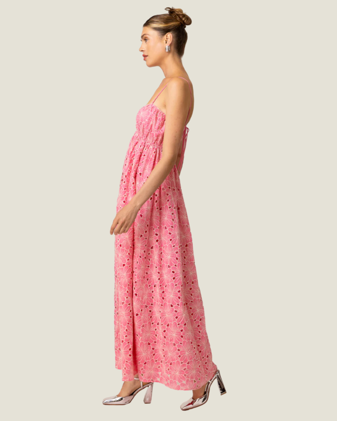 Tasia Floral Eyelet Maxi Dress- pink embroidered maxi dress from Love, Celine a women’s boutique in SWFL + online.