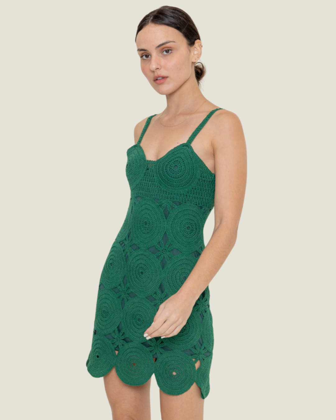 The Romi: Crochet Mini Dress- a green crochet mini dress from Love Celine women’s boutique in SWFL.