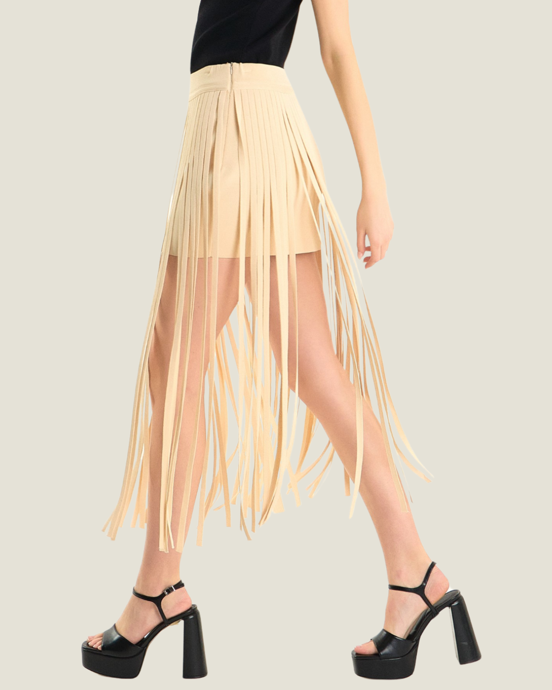 The Karolina: Fringe Beige Midi Skirt