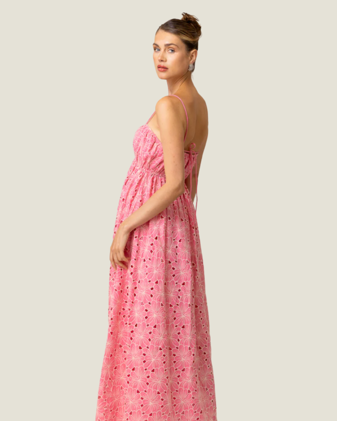 Tasia Floral Eyelet Maxi Dress- pink embroidered maxi dress from Love, Celine a women’s boutique in SWFL + online.
