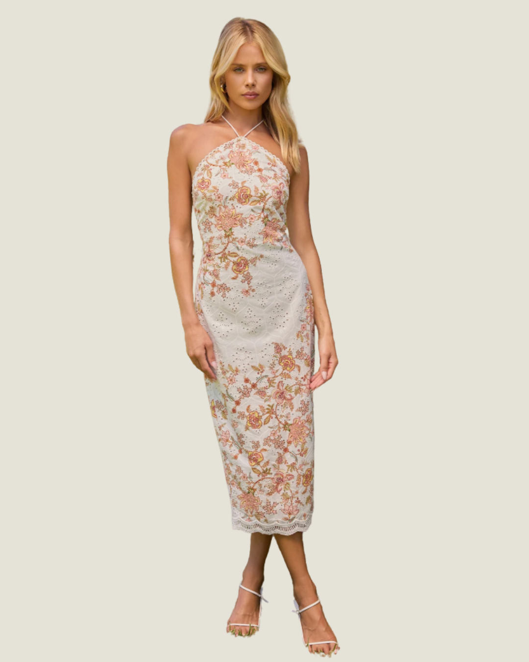 The Annelise: Embroidered Halter Midi