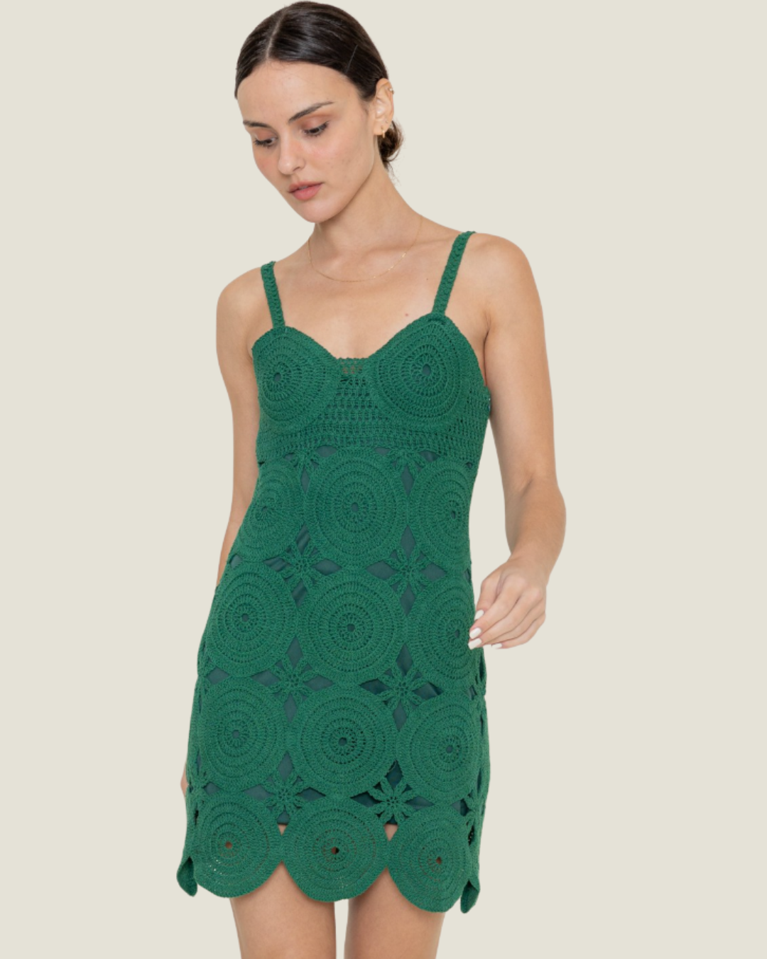 The Romi: Crochet Mini Dress- a green crochet mini dress from Love Celine women’s boutique in SWFL.