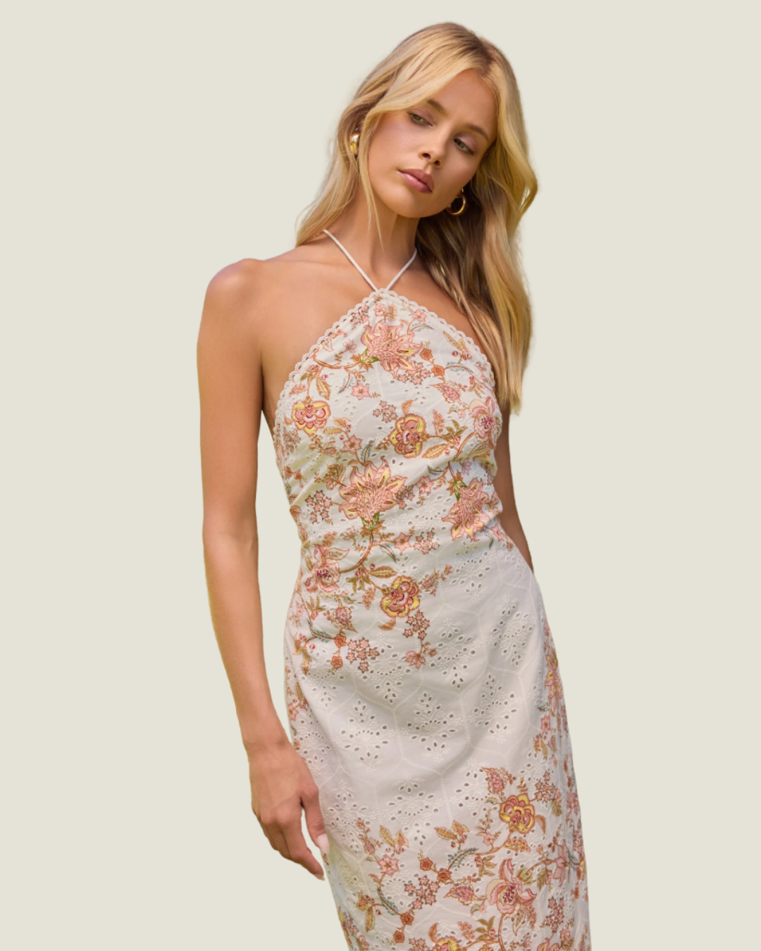 The Annelise: Embroidered Halter Midi