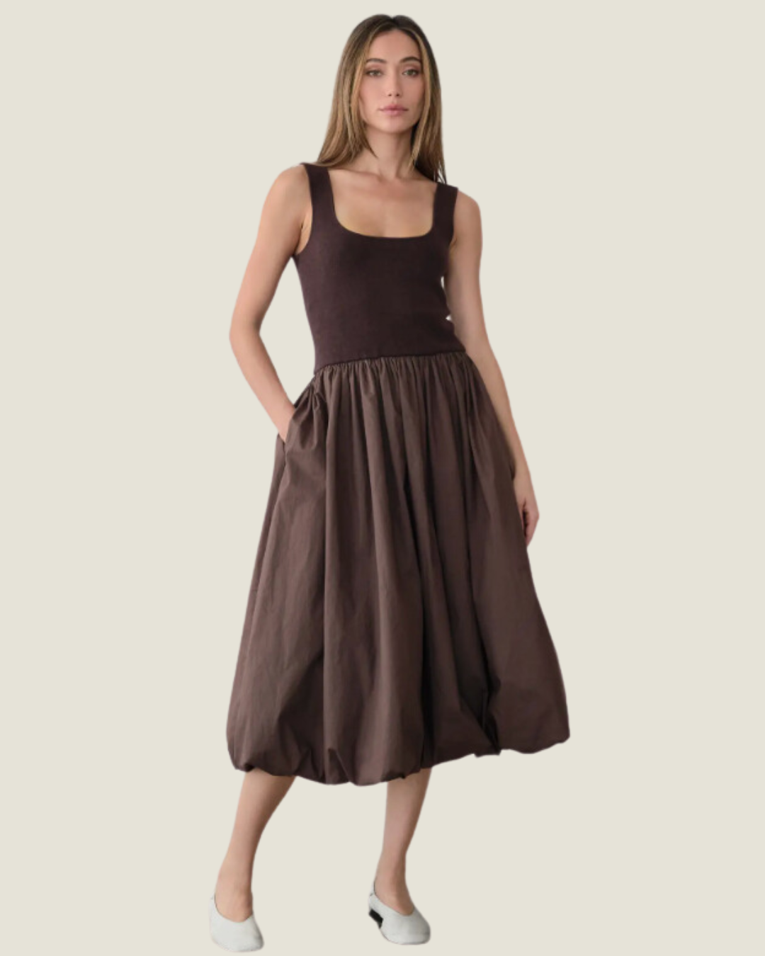 brown square neck midi dress The Bella Dress