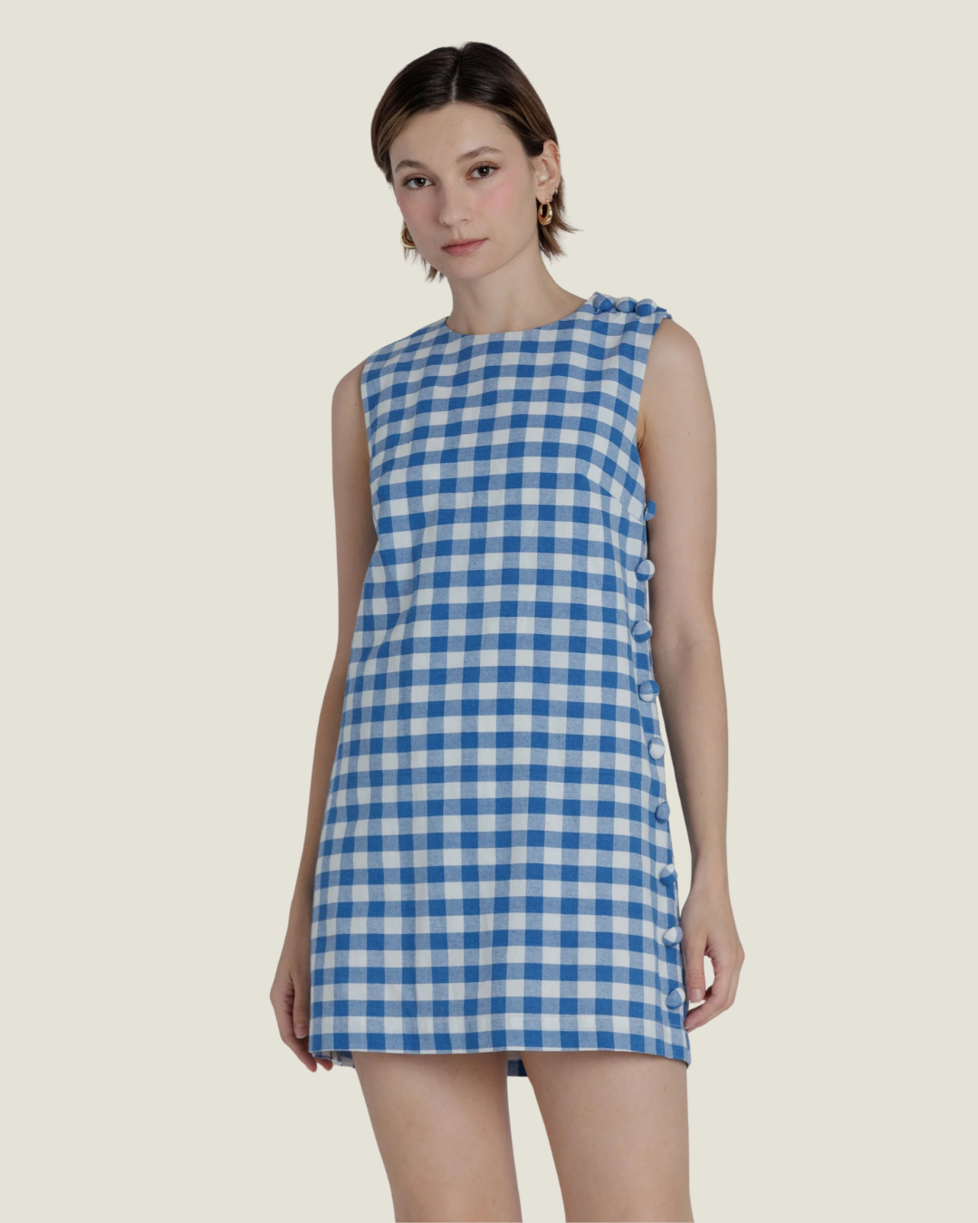 Blue gingham mini dress.