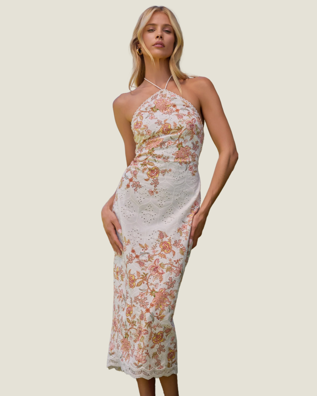 The Annelise: Embroidered Halter Midi