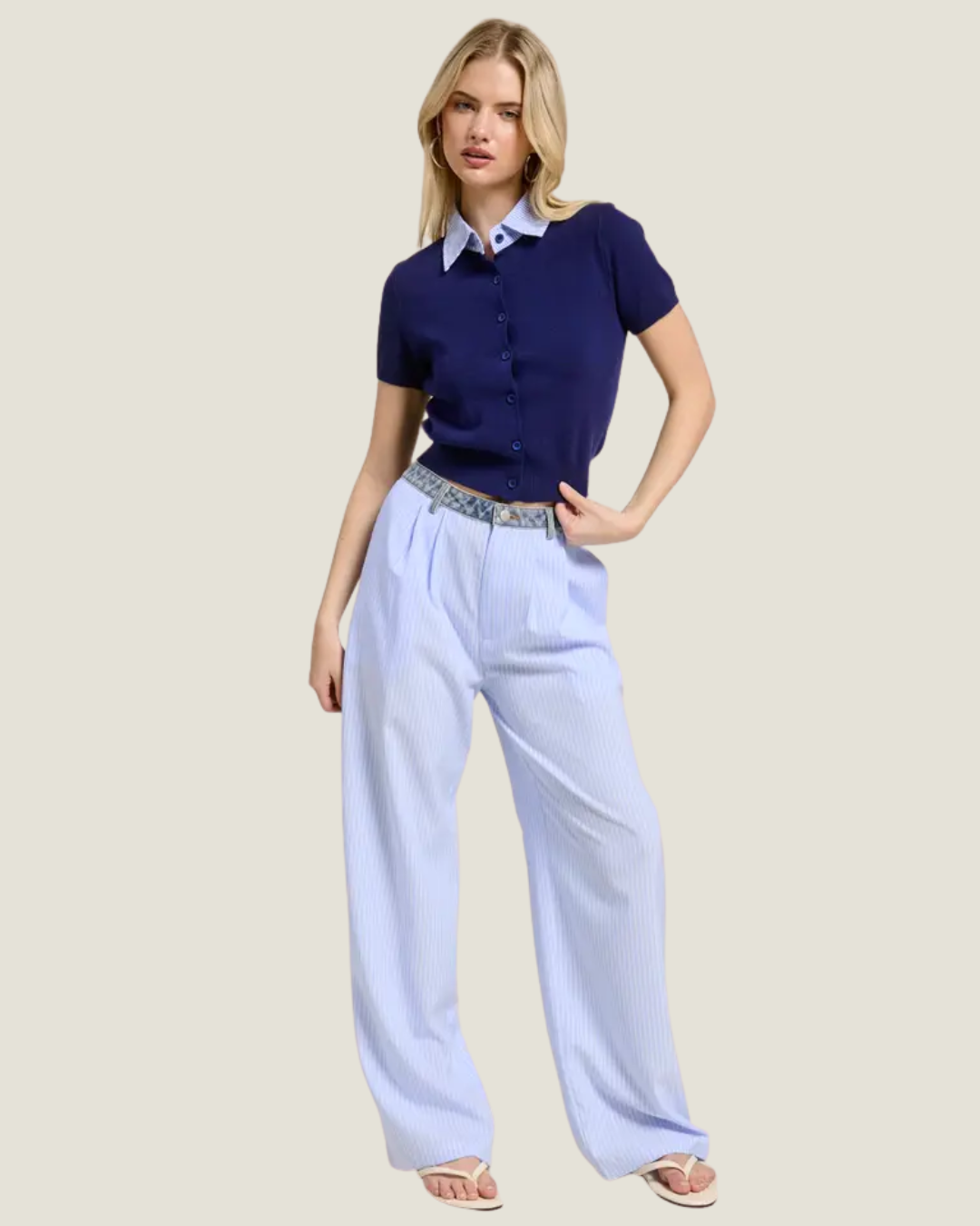 Striped Collared Navy Short Sleeve Cardigan