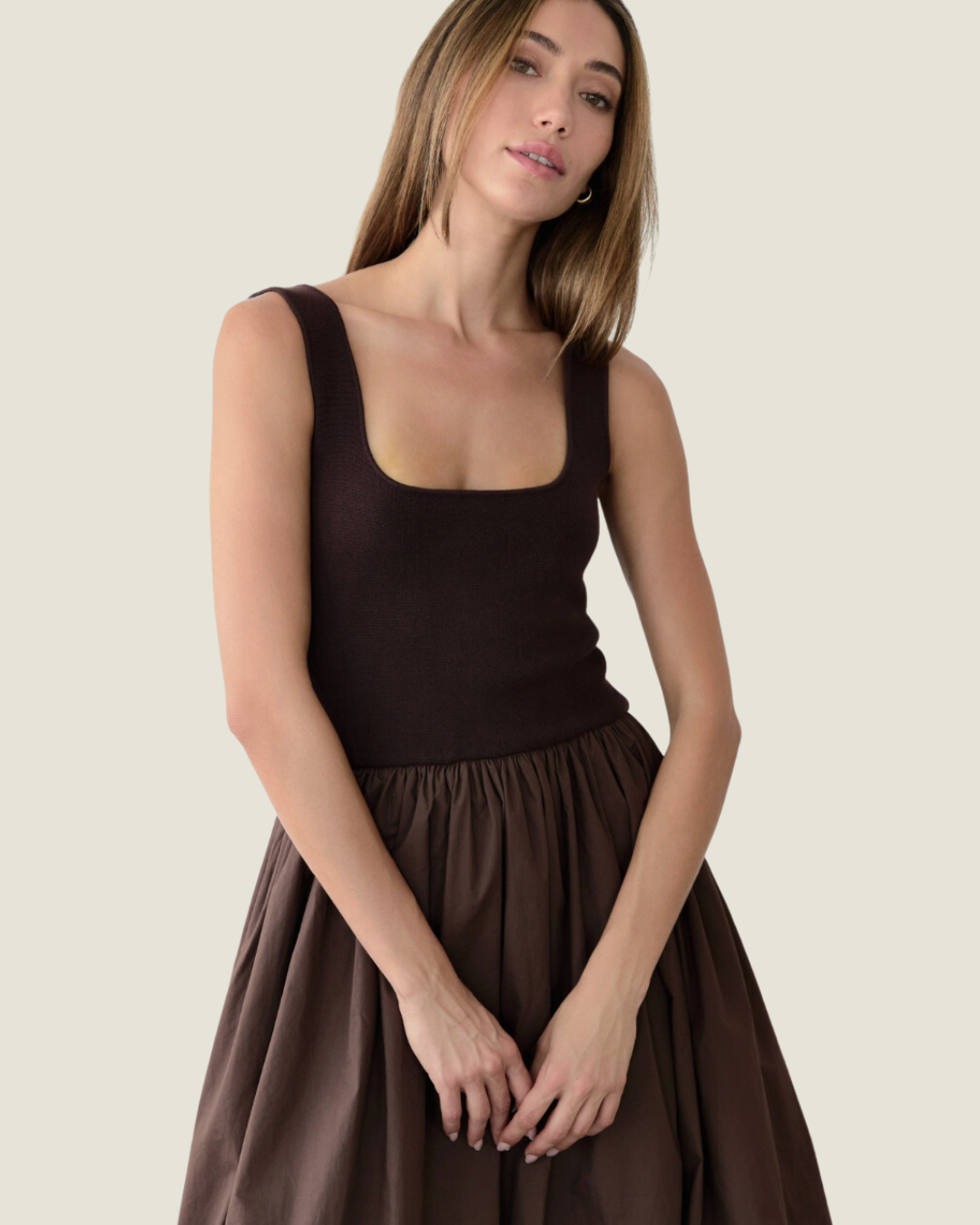 The Bella Dress | Midi Bubble Dress with Knit Top Brown / S